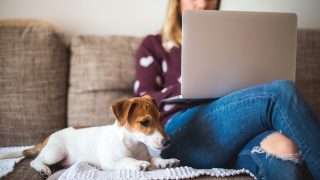 Young woman working at home with her pet.